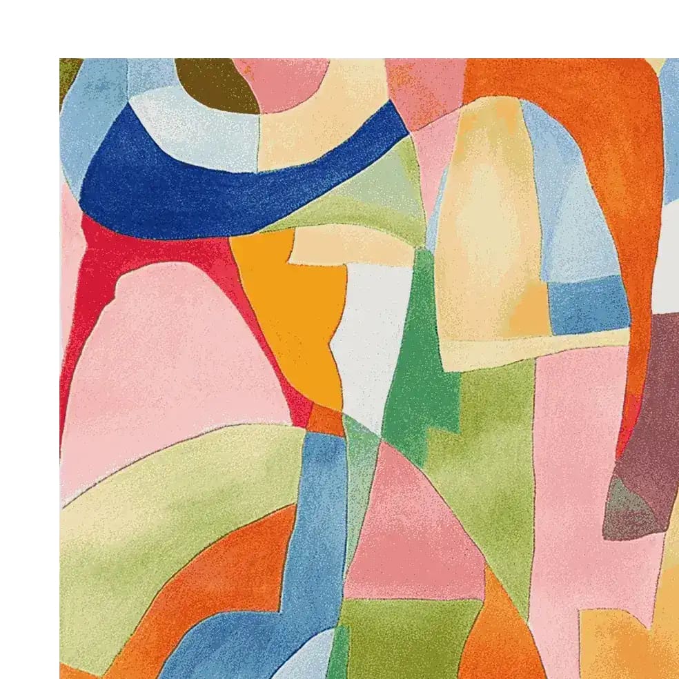 Colorful abstract design on the Chaotic Harmony Rhythm Hand Tufted Area Rug, perfect for adding a contemporary touch to your living room. This wool rug in an 8x10 size features vibrant geometric shapes in shades of orange, blue, green, and pink, making it an ideal choice for modern living room rugs.