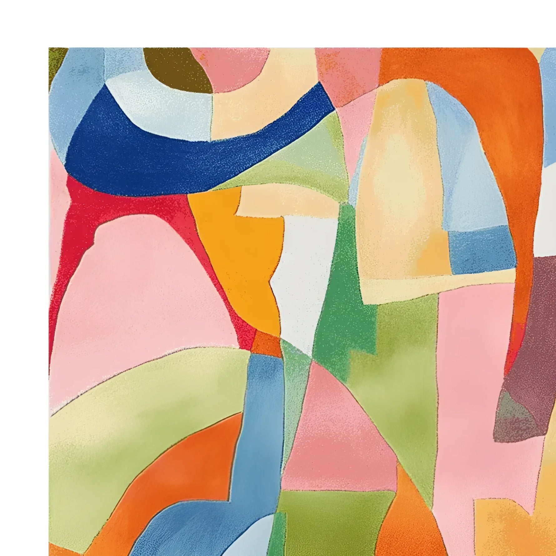 Colorful abstract design on the Chaotic Harmony Rhythm Hand Tufted Area Rug, perfect for adding a contemporary touch to your living room. This wool rug in an 8x10 size features vibrant geometric shapes in shades of orange, blue, green, and pink, making it an ideal choice for modern living room rugs.