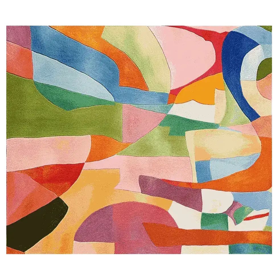 A vibrant Chaotic Harmony Rhythm Hand Tufted Area Rug showcasing an abstract design with bold colors like orange, blue, green, and pink. Perfect for adding a contemporary touch to living rooms, this wool rug in an 8x10 size brings artistic flair to your space.