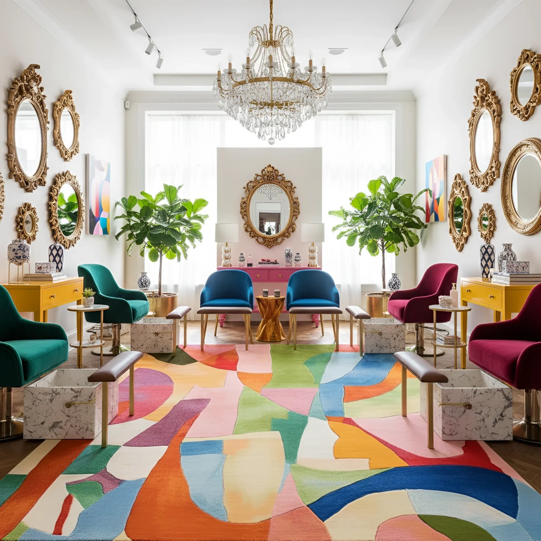 Colorful living room with abstract rug, modern furniture, and decorative mirrors.