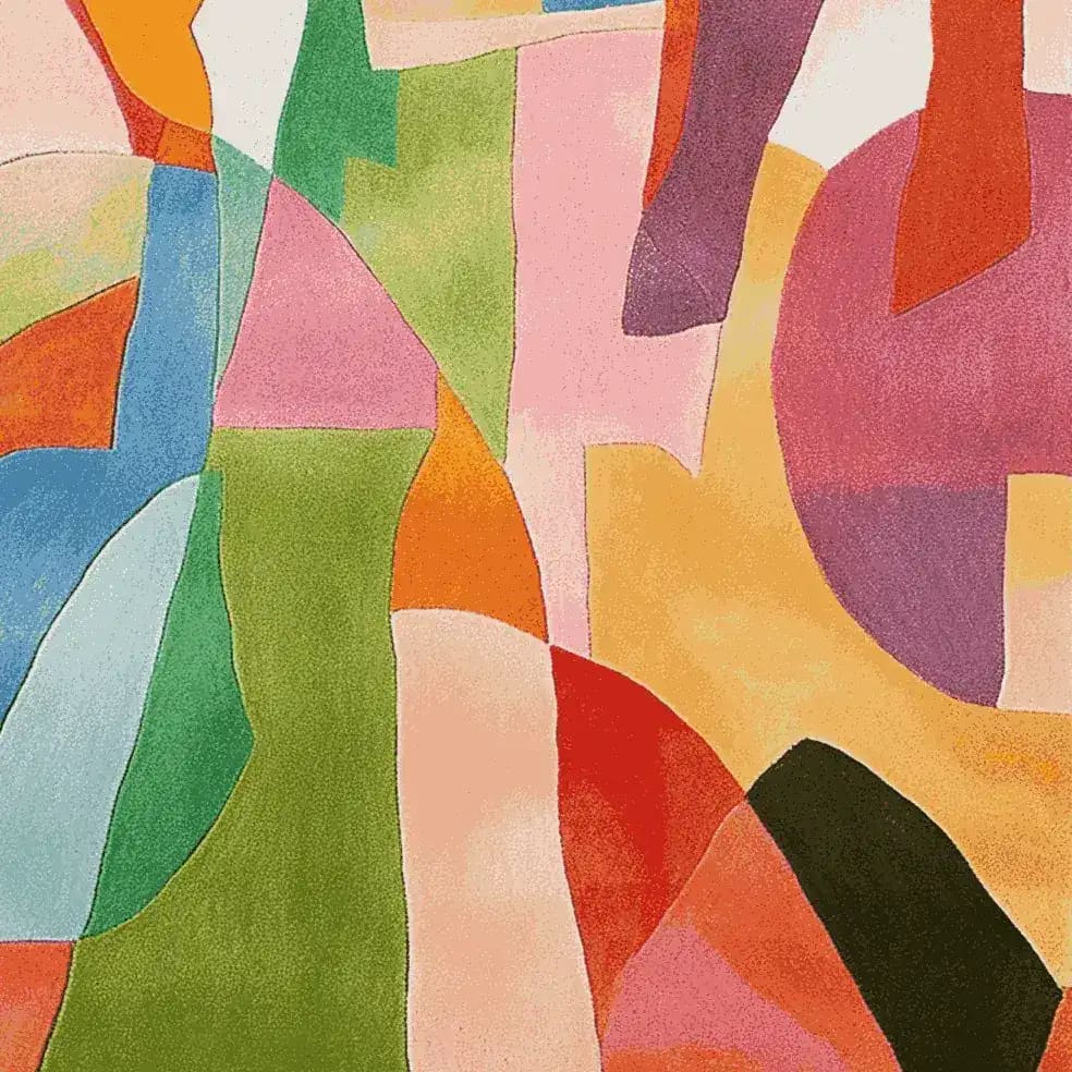 A vibrant abstract area rug featuring a harmonious blend of bold colors and geometric shapes. This hand-tufted wool rug is perfect for adding a contemporary touch to a living room space. Ideal as a living room rug in an 8x10 size, it combines artistry with comfort, making it a standout piece in modern home decor.