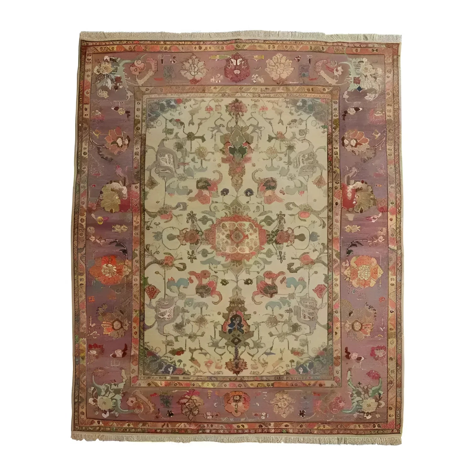 Charming Blooms Hand Knotted Area Rug featuring an intricate floral pattern with a blend of earthy tones and detailed borders, showcasing the craftsmanship of traditional rug making.