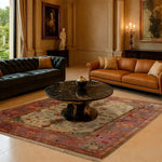 Luxurious living room featuring a Charming Blooms Hand Knotted Area Rug in an 8x10 size. The vintage rug, with its intricate Persian-inspired design, complements the elegant decor, including plush sofas and a marble coffee table, creating a warm and inviting atmosphere.