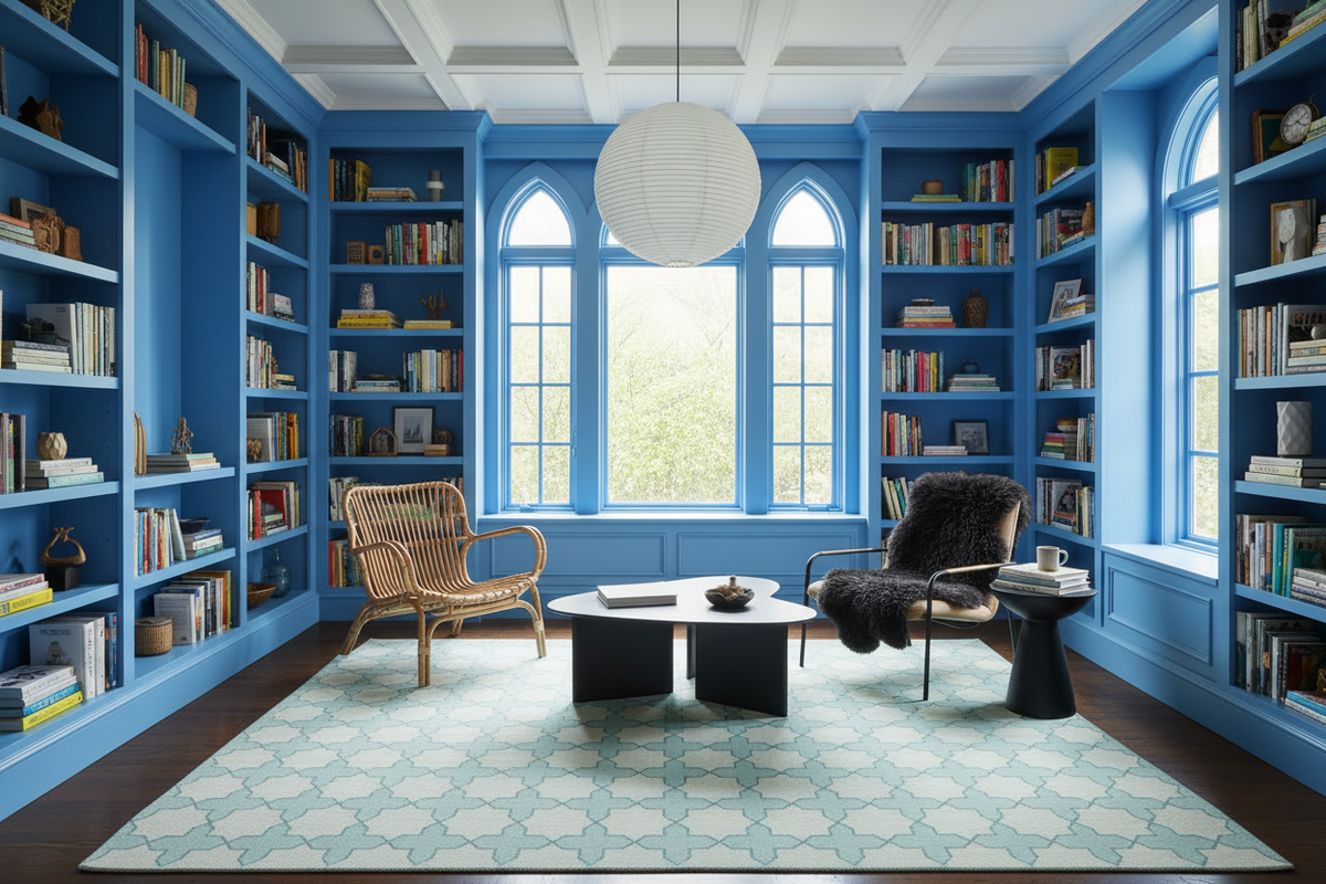 Blue library with bookshelves, chairs, and a large rug.