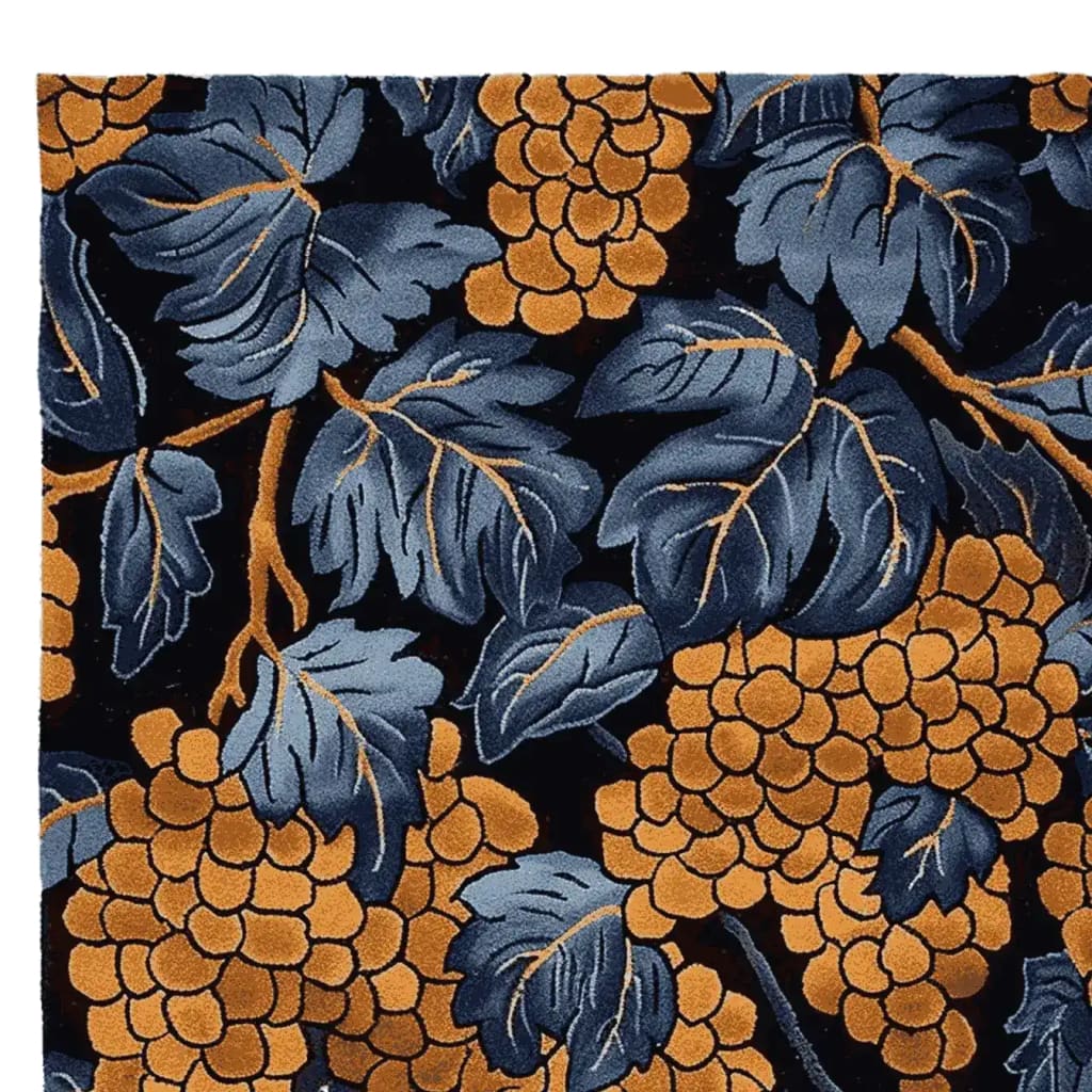 The Chateau Vines Hand Tufted Rug features a bold, vintage design with rich blue leaves and golden grape clusters, making it an ideal area rug for large living rooms. This wool rug, sized 8x10, adds a touch of elegance and warmth, perfect for those seeking stylish living room rugs.