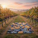 Decorative wool rug with floral pattern on a vineyard at sunset