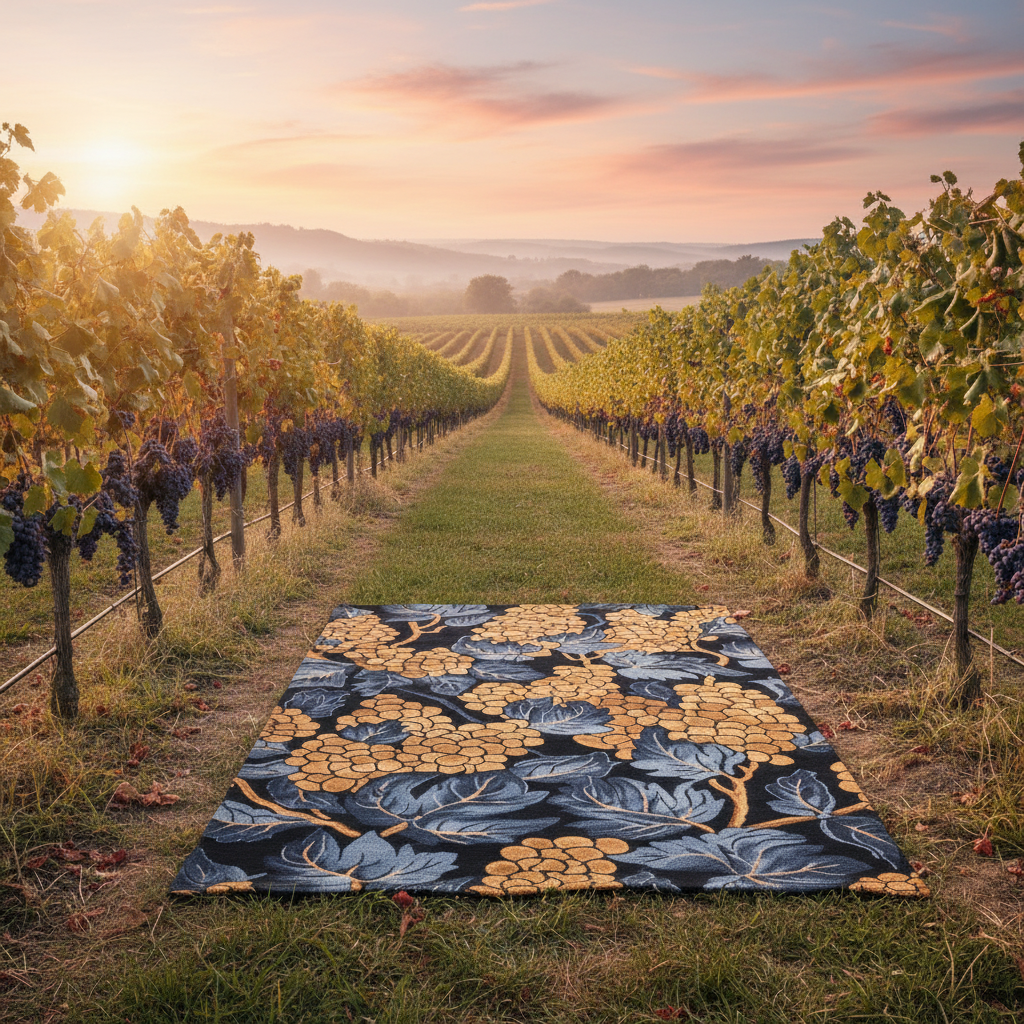 Decorative wool rug with floral pattern on a vineyard at sunset