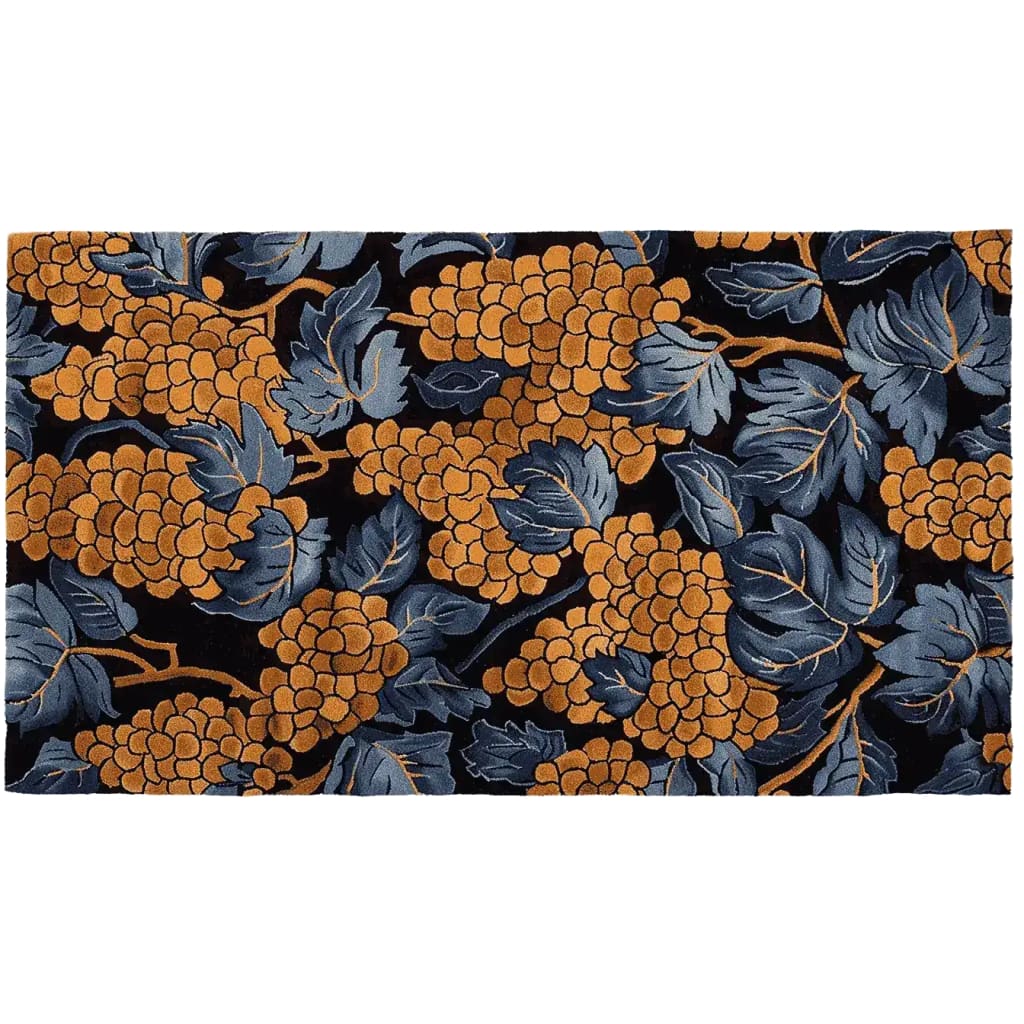 Chateau Vines Hand Tufted Area Rug showcasing a striking pattern of golden grapes and deep blue leaves, perfect for adding a vintage touch to your living room. This wool rug, sized 8x10, is an elegant choice for large living room spaces.