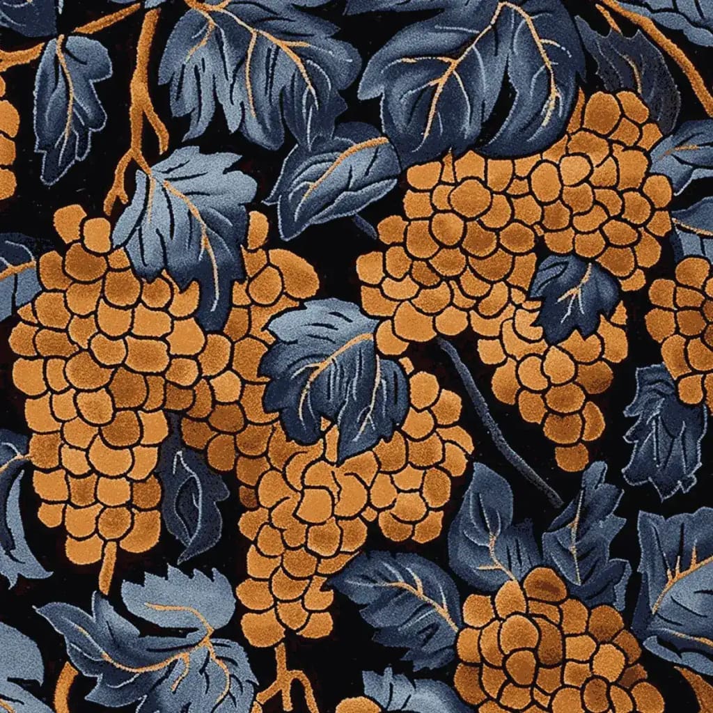 A close-up of the Chateau Vines Hand Tufted Rug, showcasing a vibrant pattern of orange grapes and blue leaves against a dark background. This area rug is perfect for adding a vintage touch to any living space. Ideal for living room rugs 8x10, this wool rug combines elegance and durability, making it a standout piece among large living room rugs.