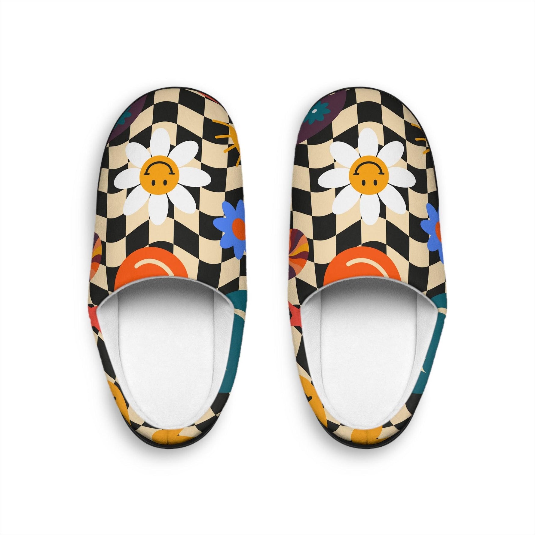 Checker Flower and Emoji Women's Indoor Slippers Black sole