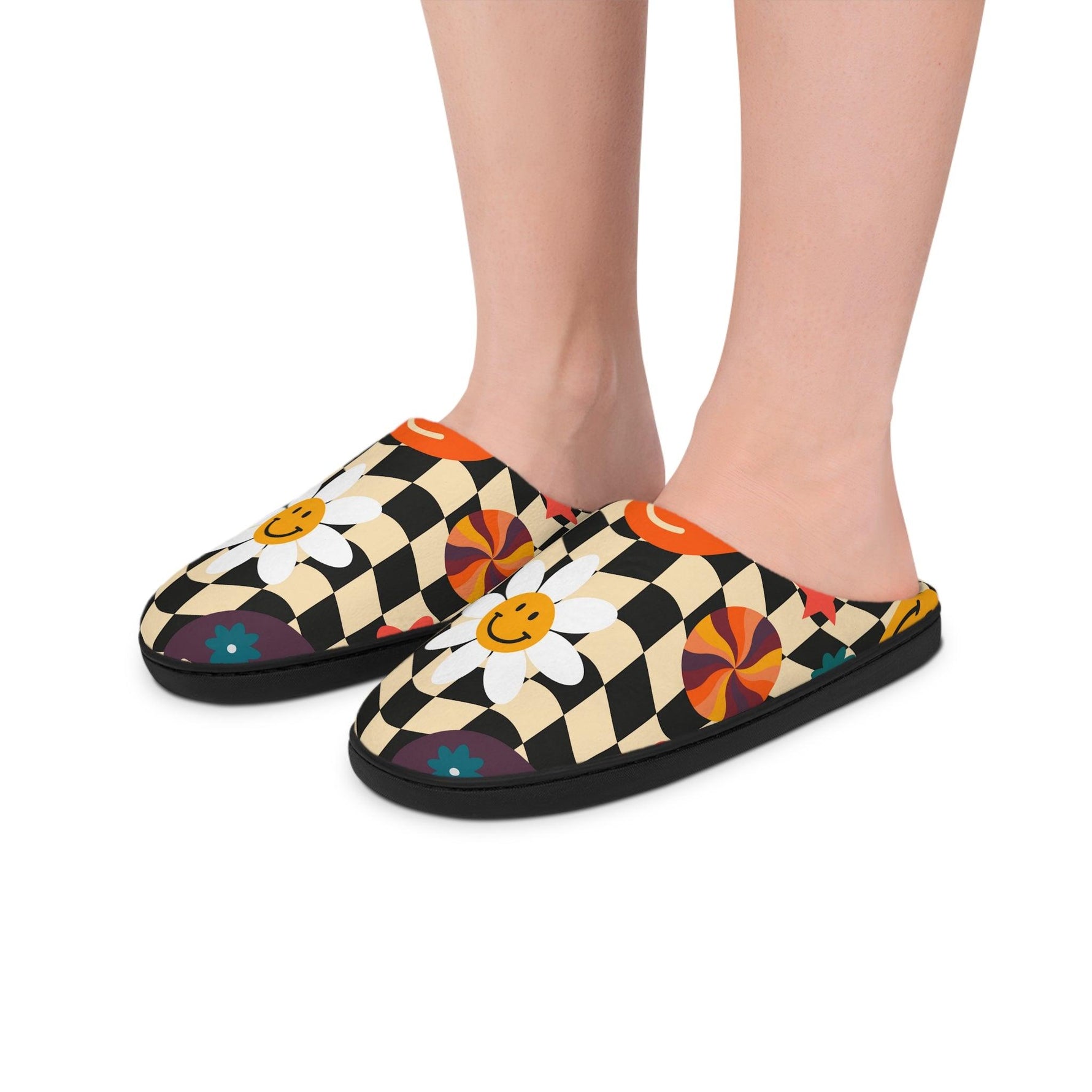 Checker Flower and Emoji Women's Indoor Slippers