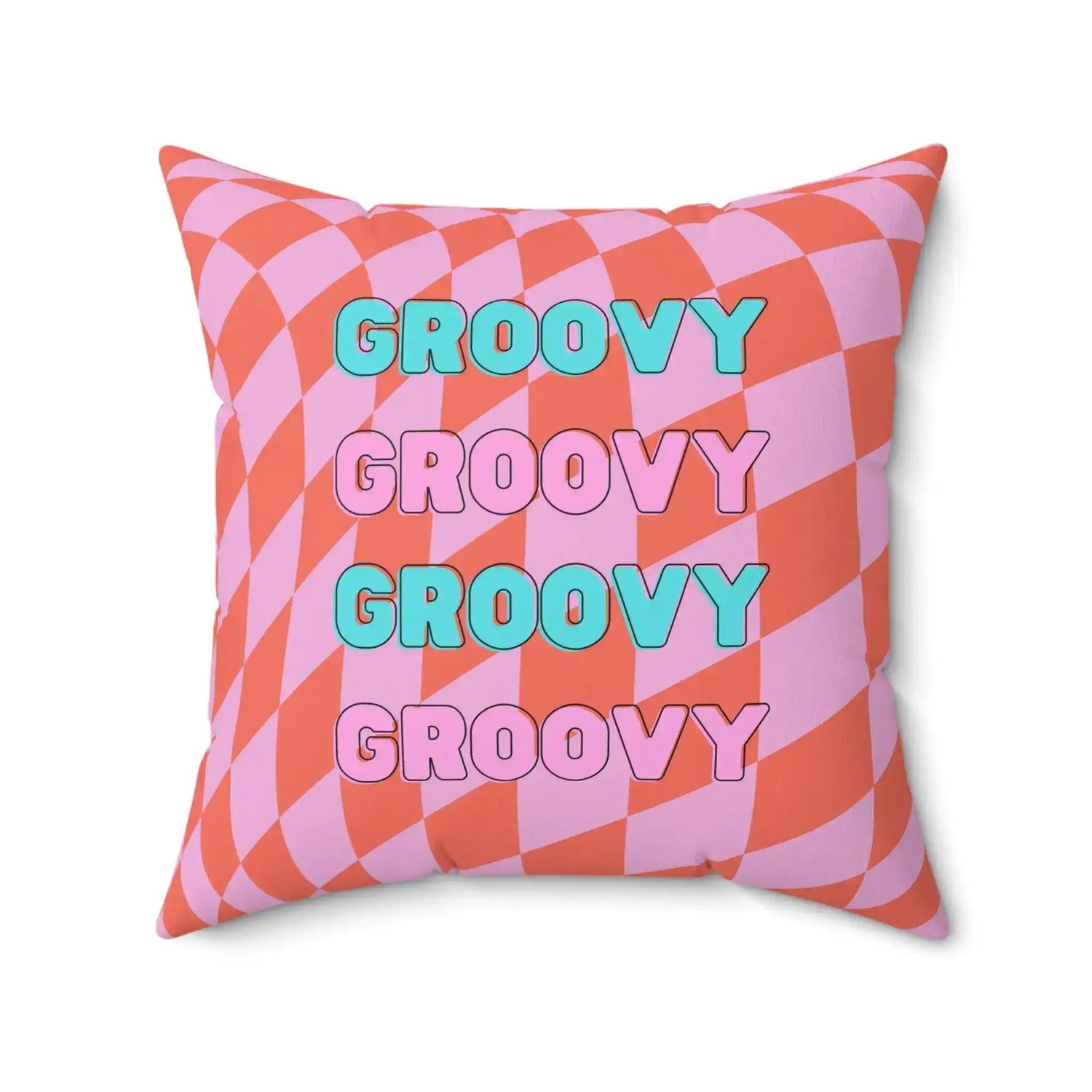 Colorful throw pillow featuring a checkerboard pattern with the word 'GROOVY' in bold letters, ideal for adding a playful touch to any room.