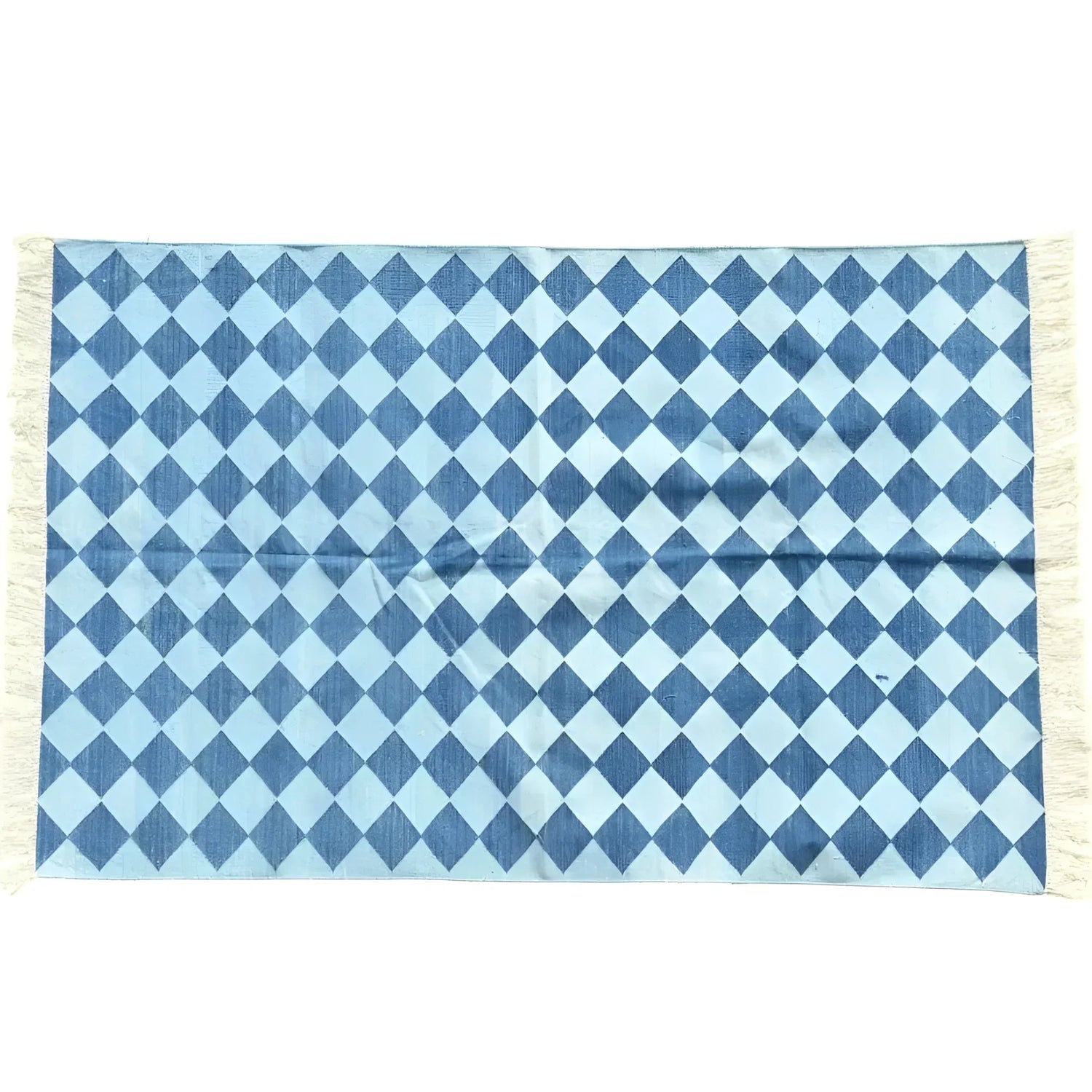 Checkers Organic Vegetable Dyed Indian Dhurrie Reversible Cotton Rug - Blue