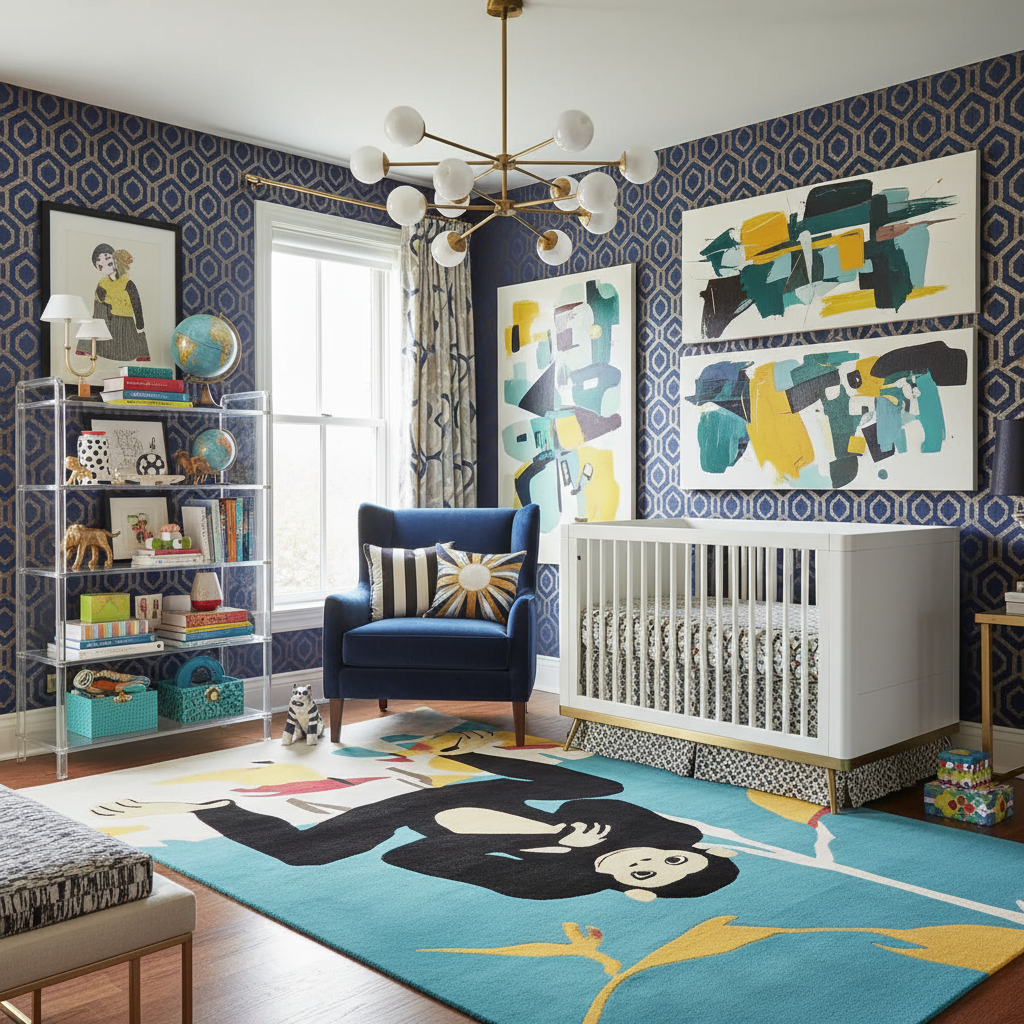 Modern nursery with blue walls, colorful rug, and white crib.