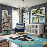 Modern nursery with blue walls, colorful rug, and white crib.