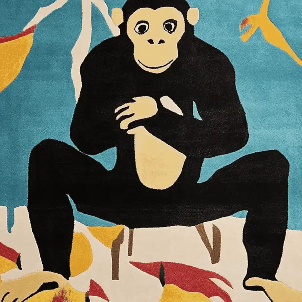 Cheeky Chimp Chill Hand Tufted Area Rug featuring a playful chimp design. This wool rug is perfect for adding a contemporary touch to large living rooms. The vibrant colors and unique pattern make it a standout piece.