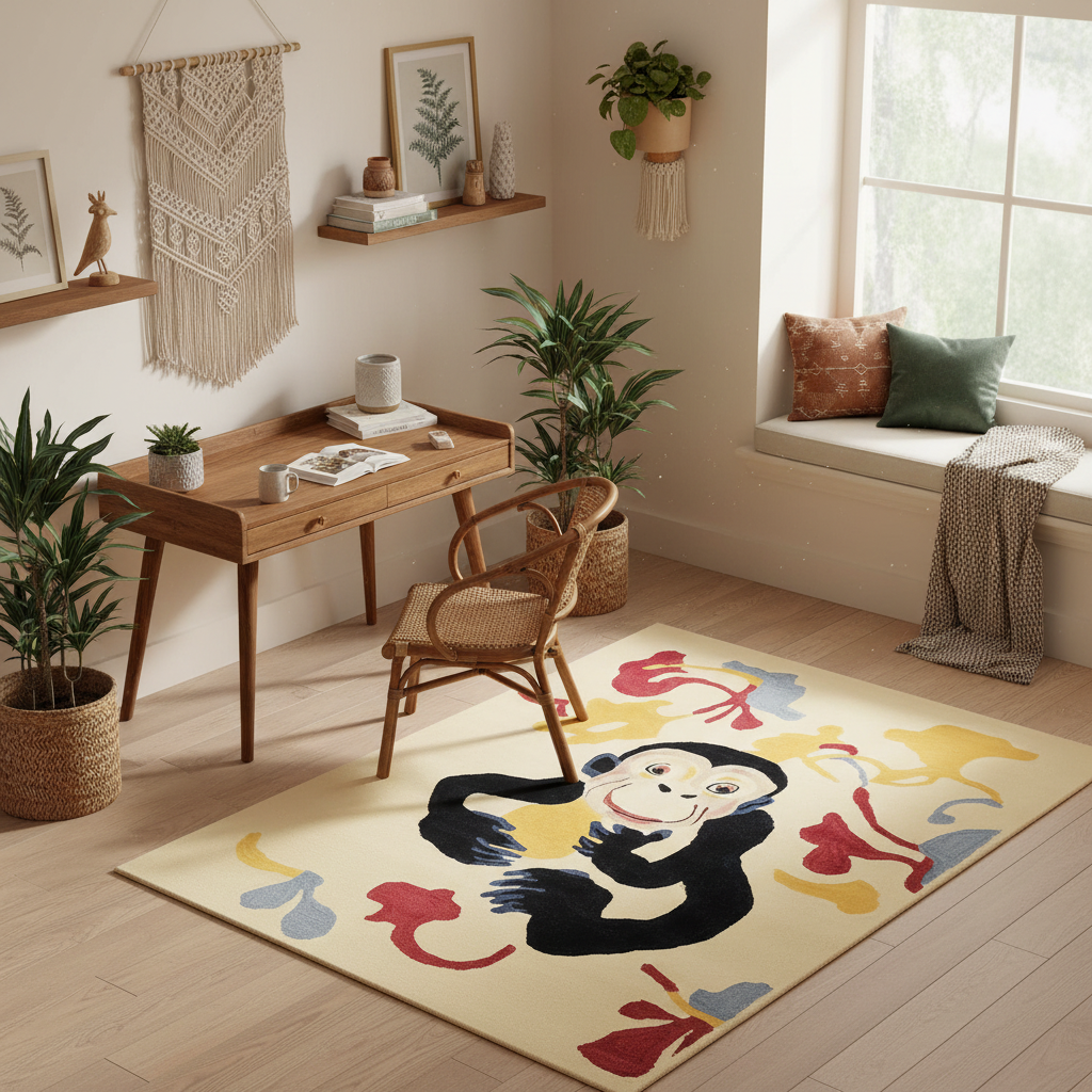 Colorful monkey rug on a wooden floor with a desk and plants in a room.