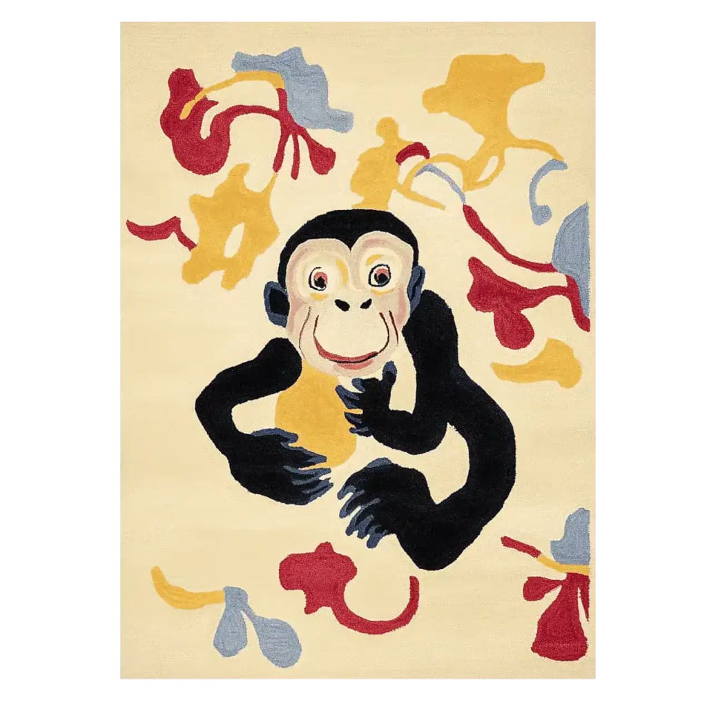 Cheeky Monkey Joy Hand Tufted Rug, a playful wool area rug perfect for contemporary living rooms. This large living room rug features a fun monkey design with abstract colorful patterns, adding a touch of whimsy to your space.