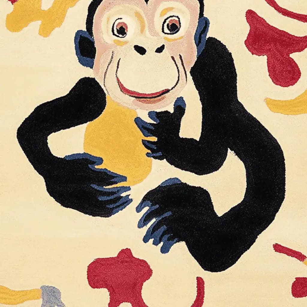 A vibrant and playful area rug featuring a cheeky monkey design. This contemporary rug is perfect for adding a fun touch to living rooms. Made from high-quality wool, it showcases a unique combination of colors and patterns.