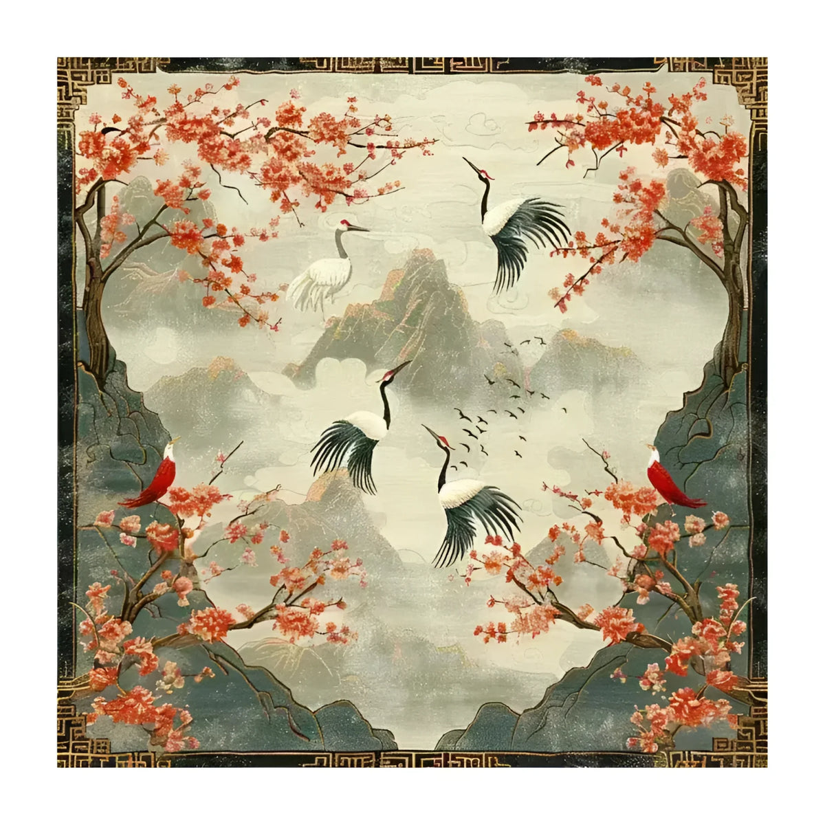 Beautiful Cherry Blossom and Crane Hand Knotted Area Rug, perfect for an office or large living room. This wool rug features an elegant design with cherry blossoms and cranes, resembling traditional Persian rugs, making it an ideal area rug for living room spaces.