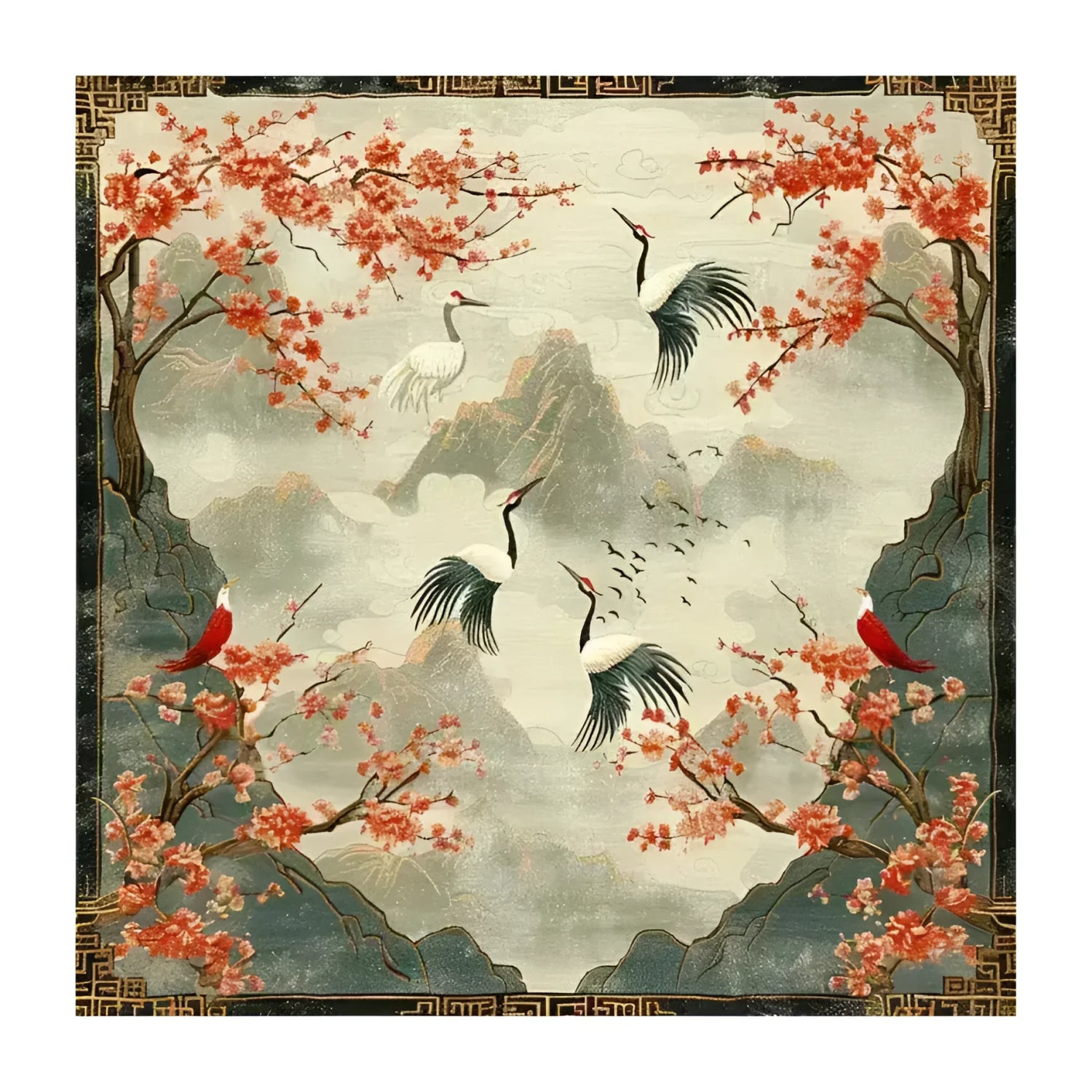Beautiful Cherry Blossom and Crane Hand Knotted Area Rug, perfect for an office or large living room. This wool rug features an elegant design with cherry blossoms and cranes, resembling traditional Persian rugs, making it an ideal area rug for living room spaces.