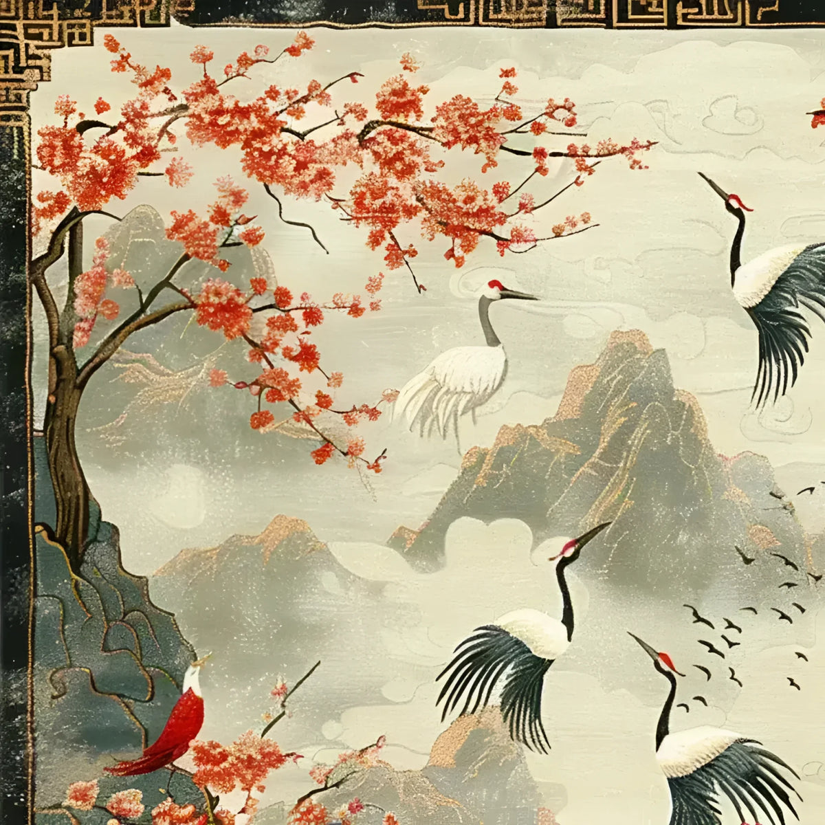 A beautifully designed hand-knotted area rug featuring a cherry blossom tree and cranes, perfect for adding a touch of elegance to your living room. This square rug showcases intricate details reminiscent of Persian rugs, making it an ideal choice for those seeking floral rugs or wool rugs. Its design complements living room rugs sized 8x10 and serves as a stunning piece among area rugs for living rooms.