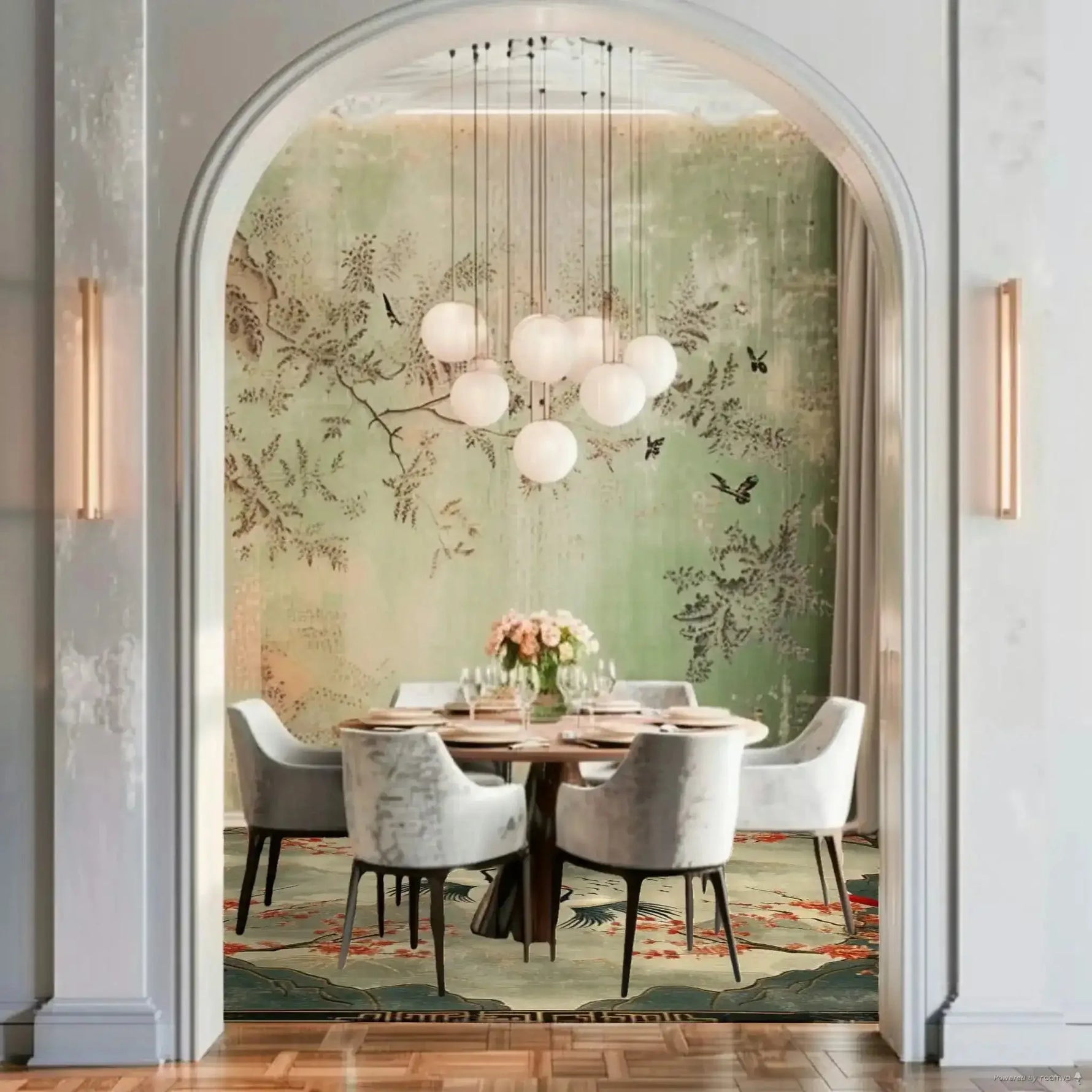 Elegant dining room featuring a Cherry Blossom and Crane hand-knotted area rug. The wool rug showcases intricate floral designs, perfect for adding a touch of Persian-inspired elegance to your living room. This square area rug complements the modern decor, ideal for living room rugs 8x10, enhancing the ambience with its soft color palette.