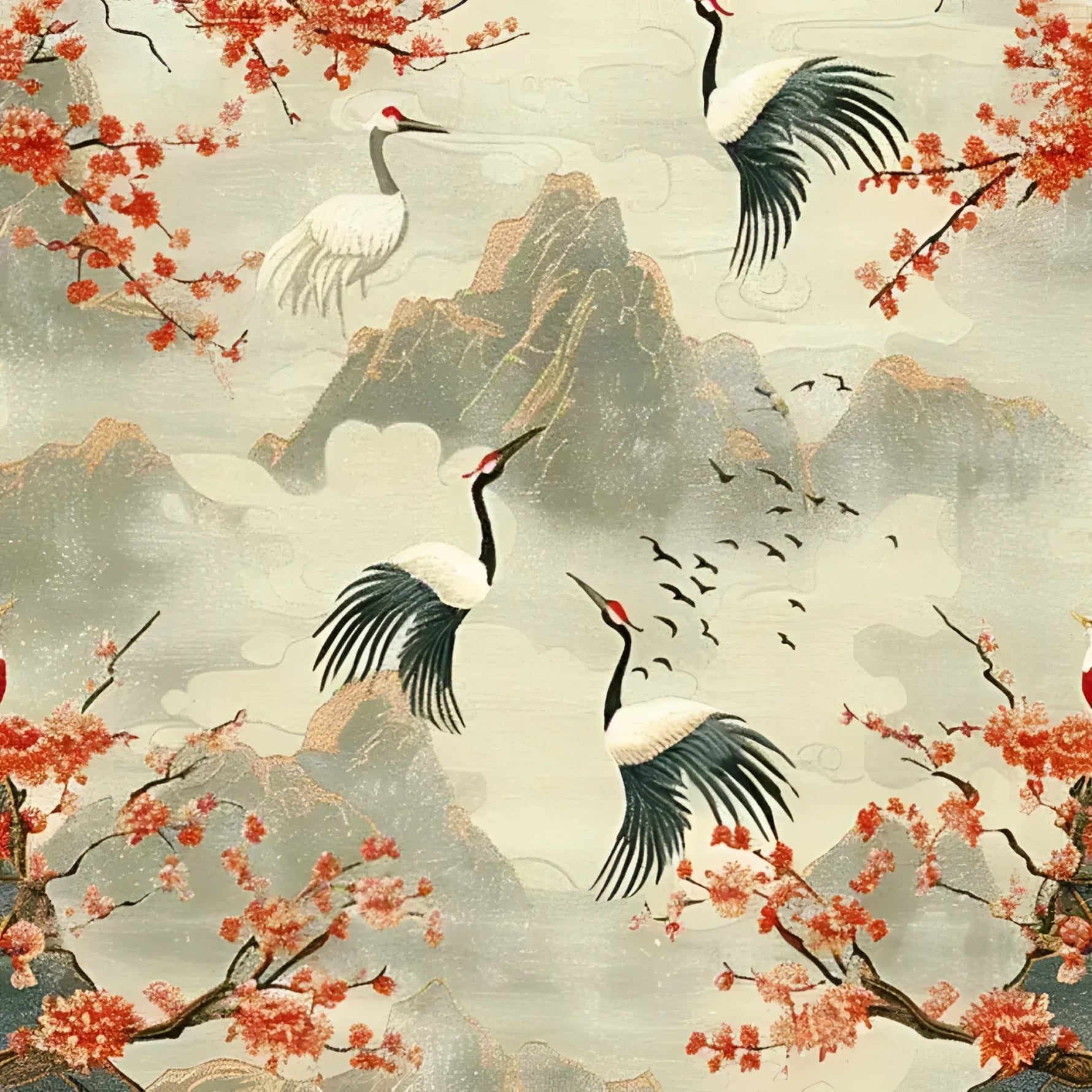 This exquisite Cherry Blossom and Crane Hand Knotted Area Rug features a stunning design with elegant cranes in flight among vibrant cherry blossoms, set against a serene mountainous backdrop. Perfect for adding a touch of nature-inspired elegance to any living room, this square wool rug beautifully complements Persian and floral rug styles, making it an ideal choice for living room rugs 8x10 or square area rugs.