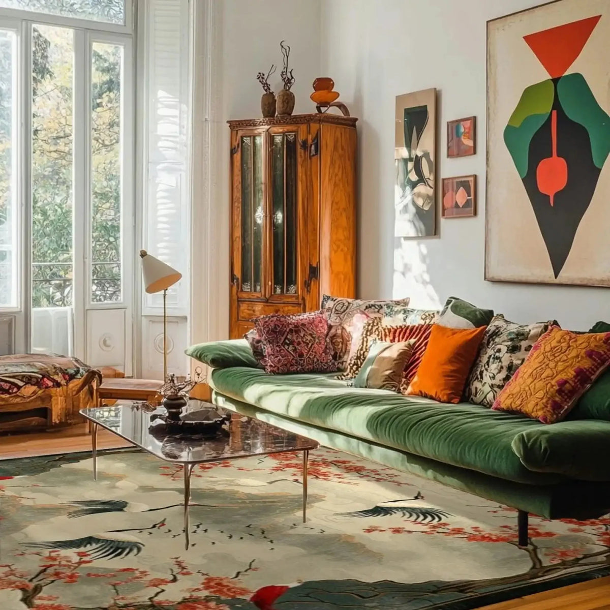 A beautifully styled living room featuring a Cherry Blossom and Crane Hand Knotted Area Rug. The wool rug adds an elegant touch to the space with its intricate design, complementing the green sofa and eclectic wall art. This area rug is perfect for large living rooms or offices, bringing a touch of Persian rug style to your home decor.