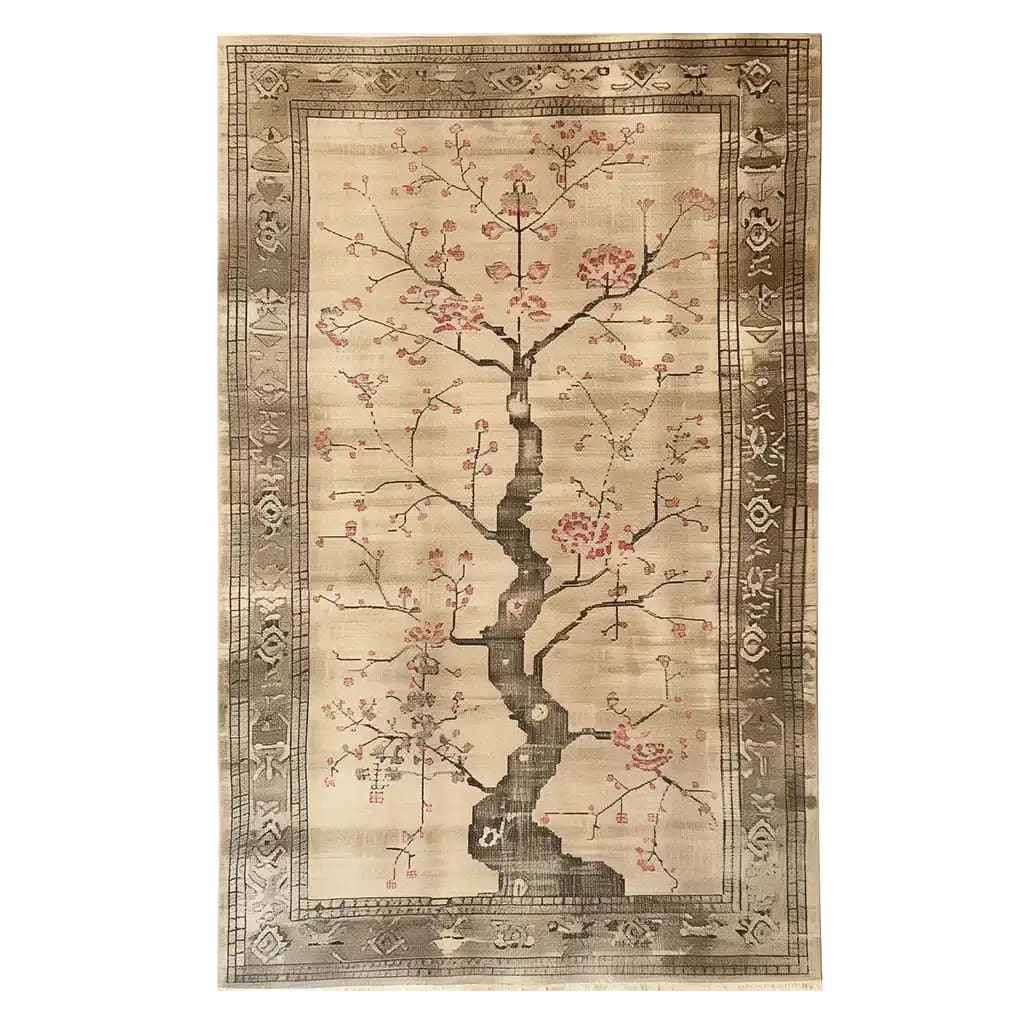 Cherry Blossom Elegance Knotted Wool Area Rug featuring an intricate design with delicate cherry blossom branches and a subtle border, showcasing a blend of soft beige and pink tones.