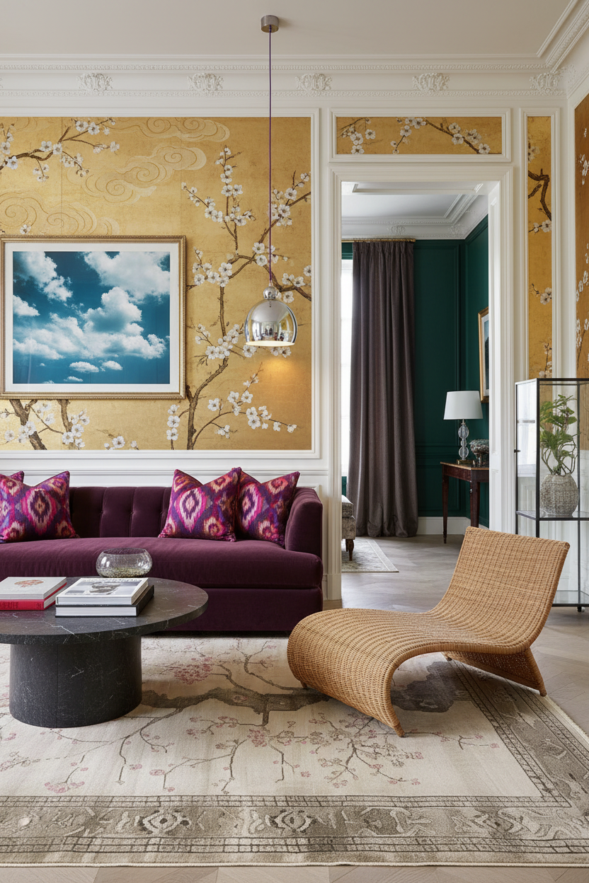 Living room with purple sofa, wicker chair, and decorative wall art.