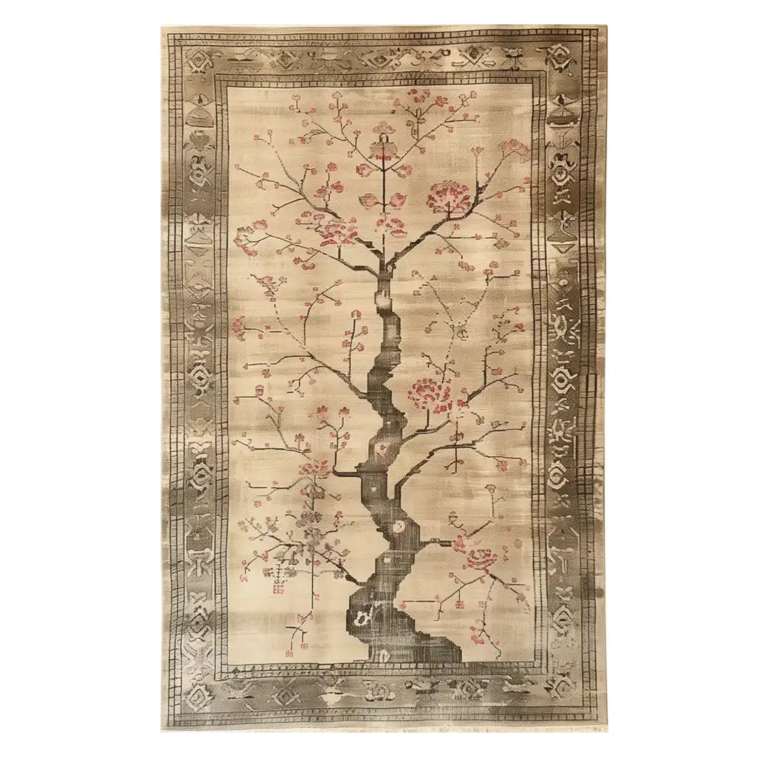 Cherry Blossom Elegance Knotted Wool Area Rug featuring an intricate design with delicate cherry blossom branches and a subtle border, showcasing a blend of soft beige and pink tones.