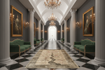 Luxurious hallway with classical decor, including green sofas, framed portraits, and a large floral tree rug.