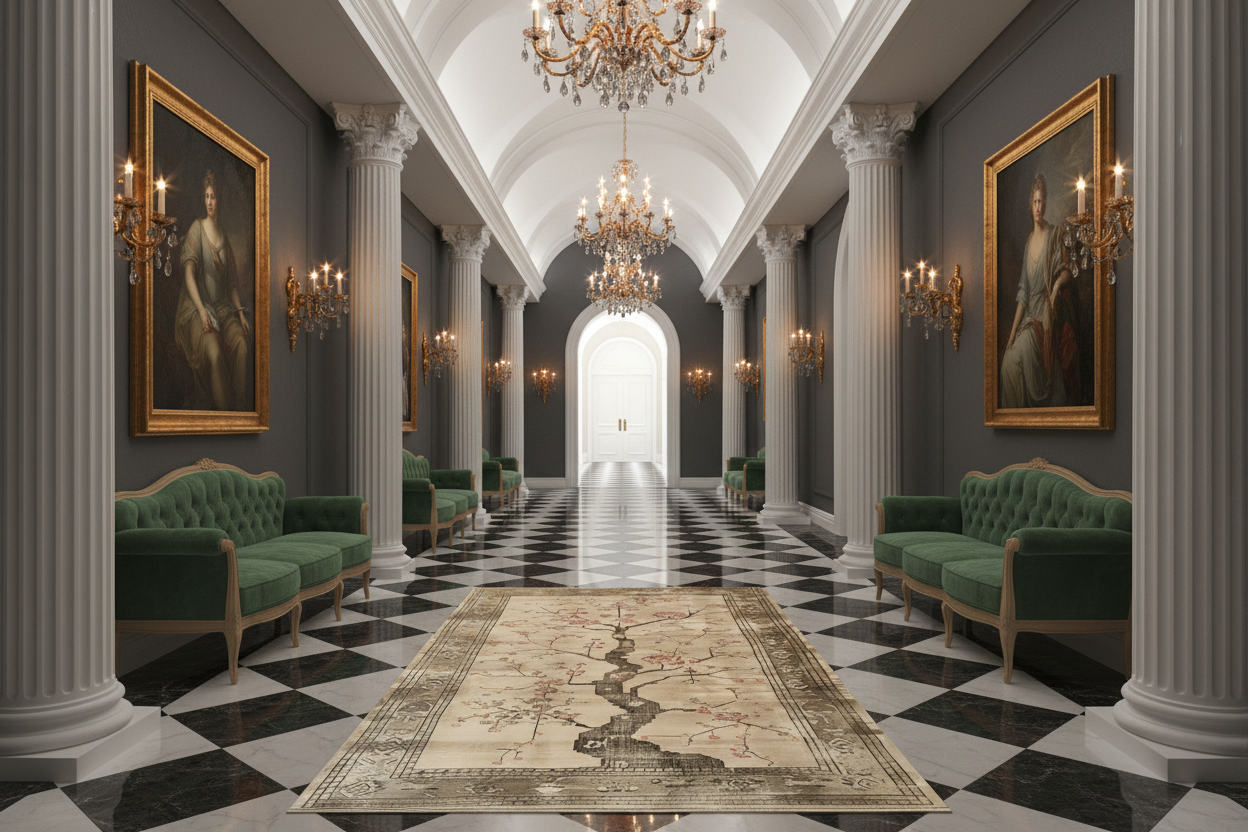 Luxurious hallway with classical decor, including green sofas, framed portraits, and a large floral tree rug.