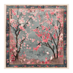 The Cherry Grove Serenity Hand Tufted Rug showcases a stunning design with blossoming cherry trees and birds set against a serene gray background. This exquisite wool area rug is perfect for enhancing the elegance of a living room, offering a luxurious touch to large living spaces.