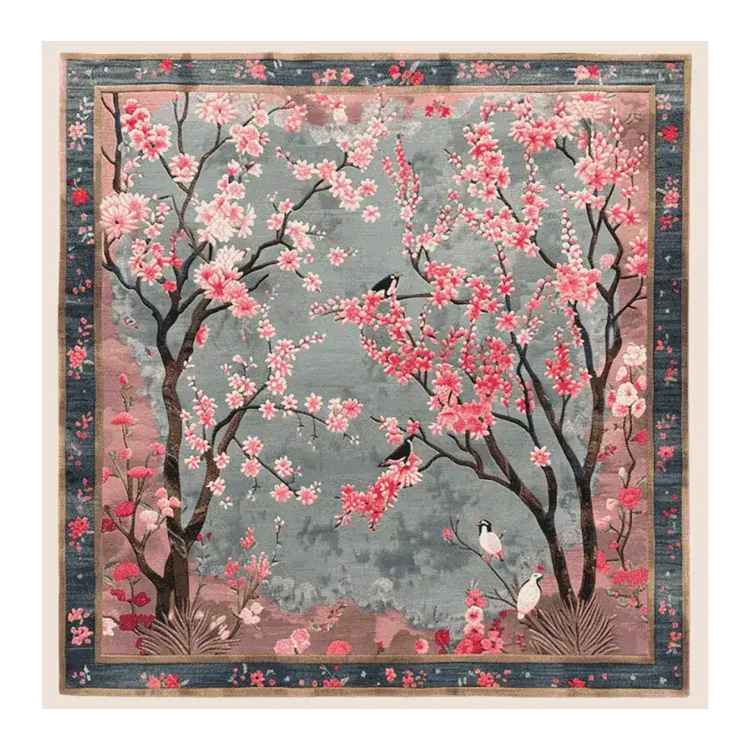 The Cherry Grove Serenity Hand Tufted Rug showcases a stunning design with blossoming cherry trees and birds set against a serene gray background. This exquisite wool area rug is perfect for enhancing the elegance of a living room, offering a luxurious touch to large living spaces.