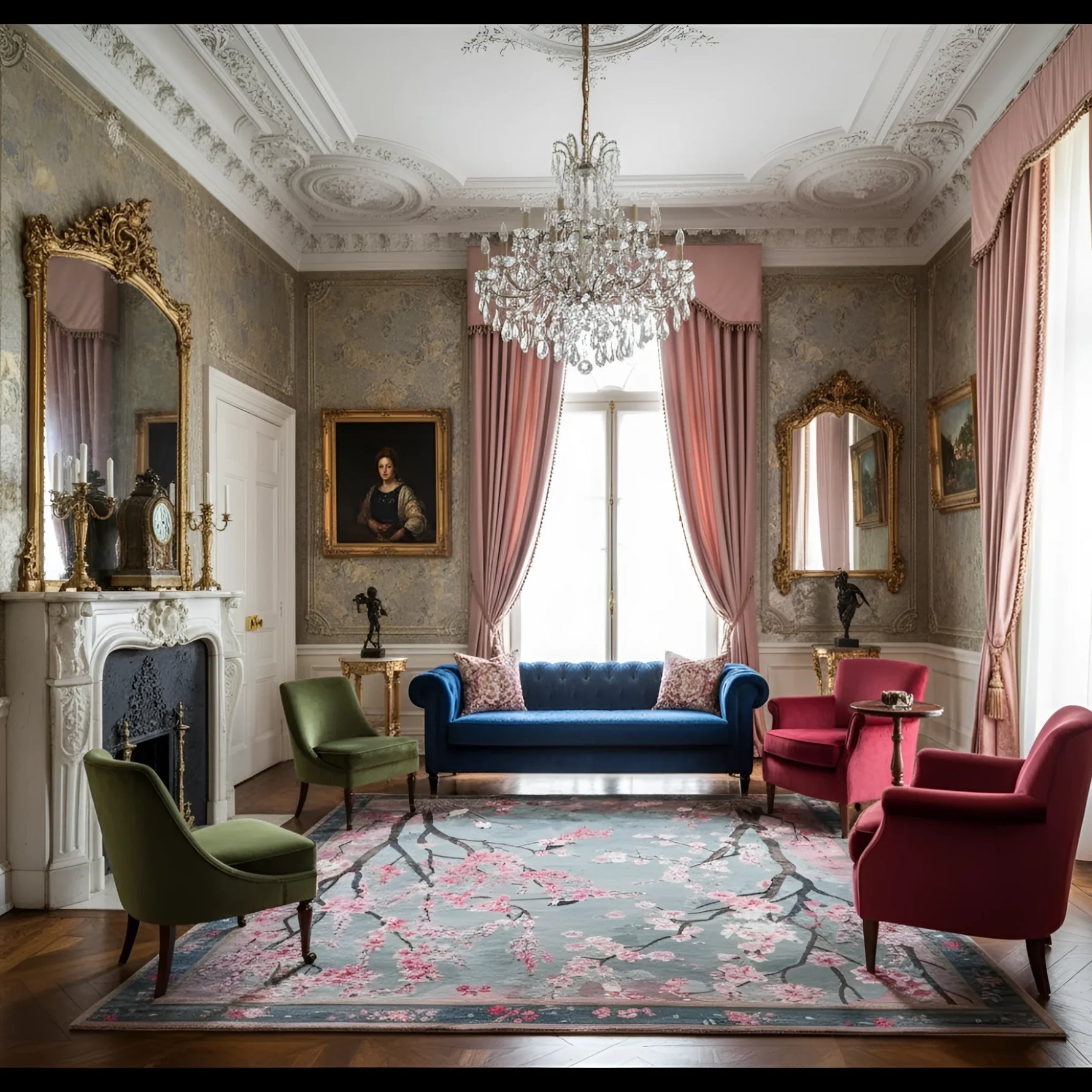 Luxurious living room with ornate decor, including a blue sofa, a chinoiserie wool rug, red chairs, and a chandelier.