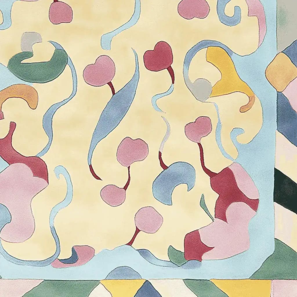 Top view of the Cherry Pop Swirl Hand Tufted Rug, a contemporary area rug perfect for living rooms. This wool rug features a vibrant and abstract design with swirling patterns and cherry motifs in soft pastel colors, adding a touch of modern elegance.