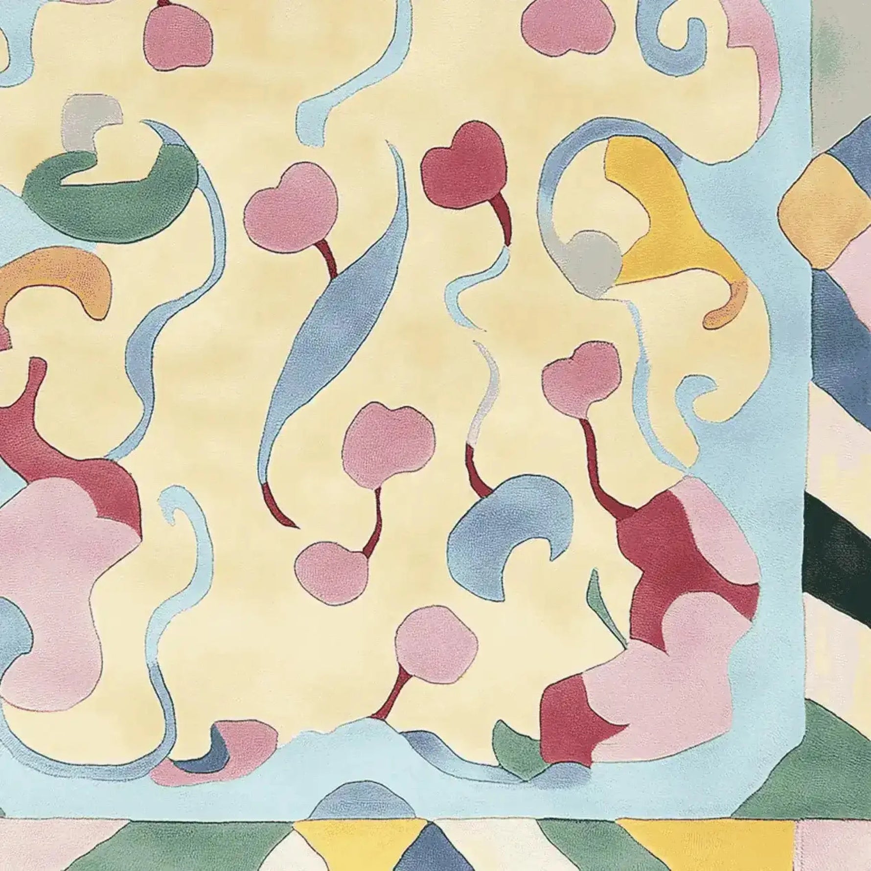 Top view of the Cherry Pop Swirl Hand Tufted Rug, a contemporary area rug perfect for living rooms. This wool rug features a vibrant and abstract design with swirling patterns and cherry motifs in soft pastel colors, adding a touch of modern elegance.