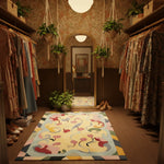 Vintage-style room with hanging plants, patterned rug, and wooden floor.