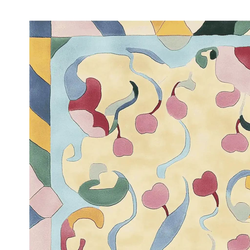A vibrant area rug featuring a contemporary design with swirling cherry motifs in shades of red, pink, and green on a soft cream background. This wool rug adds a playful touch to any living room, making it an ideal choice for those seeking unique rugs for living room decor.