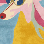 Vibrant and playful hand-tufted area rug, featuring an abstract design with bold colors including blue, yellow, pink, and red, perfect for adding a contemporary flair to large living room spaces. This wool rug offers a unique and artistic touch to living room area rugs.