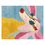 A vibrant, hand-tufted wool area rug featuring an abstract design with bold colors including blue, pink, yellow, and red. This contemporary rug adds a modern touch to large living rooms, serving as a centerpiece among living room area rugs.