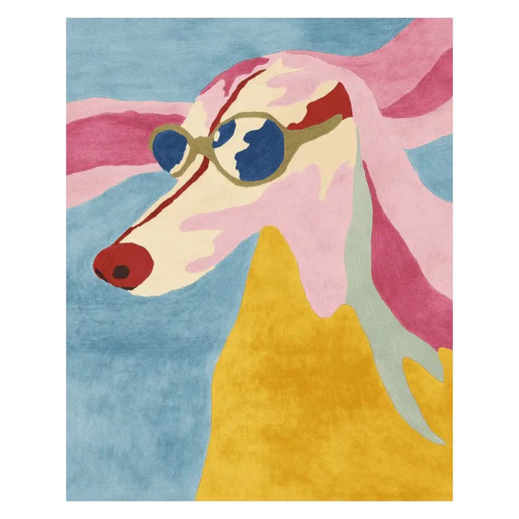 Explore the Chic Doggy Days Hand Tufted Rug, a vibrant area rug perfect for contemporary spaces. Featuring a unique dog illustration in bold pink, blue, and yellow hues, this wool rug adds a playful touch to large living room areas.