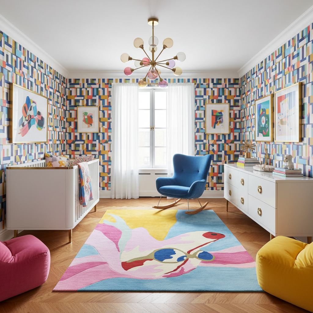 Colorful nursery room with geometric wallpaper, colorful rug, and modern furniture.