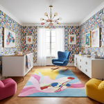 Colorful nursery room with geometric wallpaper, colorful rug, and modern furniture.