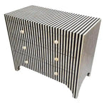 Chic Lines 3 Drawers Chest — black and white vertical stripe bone inlay chest with three drawers and round bone knobs.