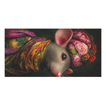 Close-up horizontal view of grey mouse with pink floral turban and yellow gold scarf draped on dark background on the Chic Mouse in Floral Scarf & Headwrap Bath Towel
