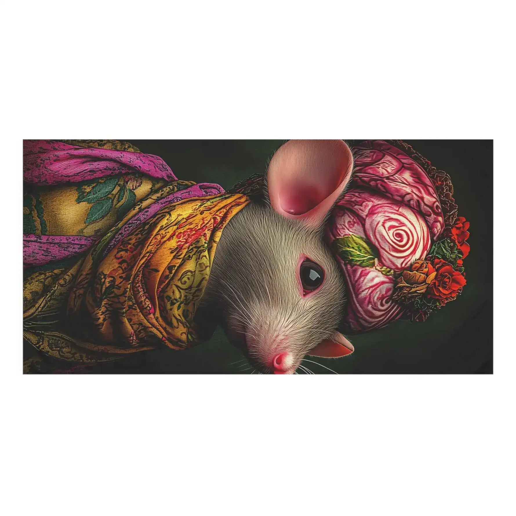 Close-up horizontal view of grey mouse with pink floral turban and yellow gold scarf draped on dark background on the Chic Mouse in Floral Scarf & Headwrap Bath Towel