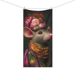 Grey mouse wearing pink rose headwrap and yellow floral scarf hanging on wooden clothespin line on the Chic Mouse in Floral Scarf & Headwrap Bath Towel